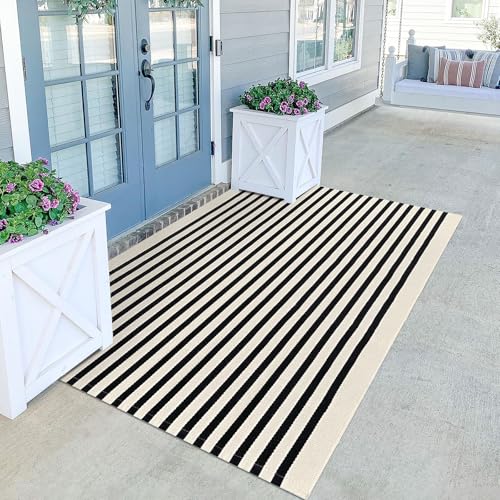 KILOCOCO Beige Striped Rug 4x6 Indoor Outdoor Front Door Rugs Hand Woven Cotton Washable Striped Layered Doormats for Front Porch Kitchen Farmhouse Entryway Patio - Image 1