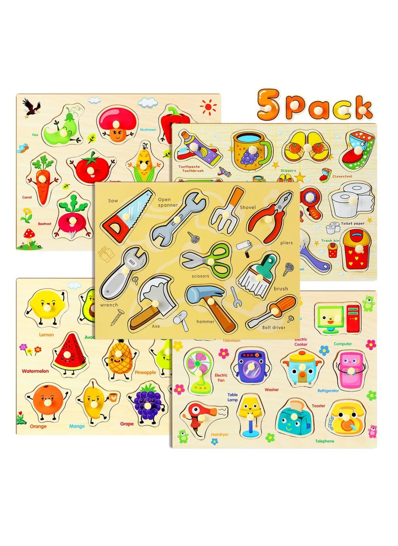 Toddler Puzzles Wooden Peg Puzzles for Toddlers Educational Learning Peg Puzzle Toy for Preschool Educational and Learning Kids Boy Girl Set of 5 - Image 1