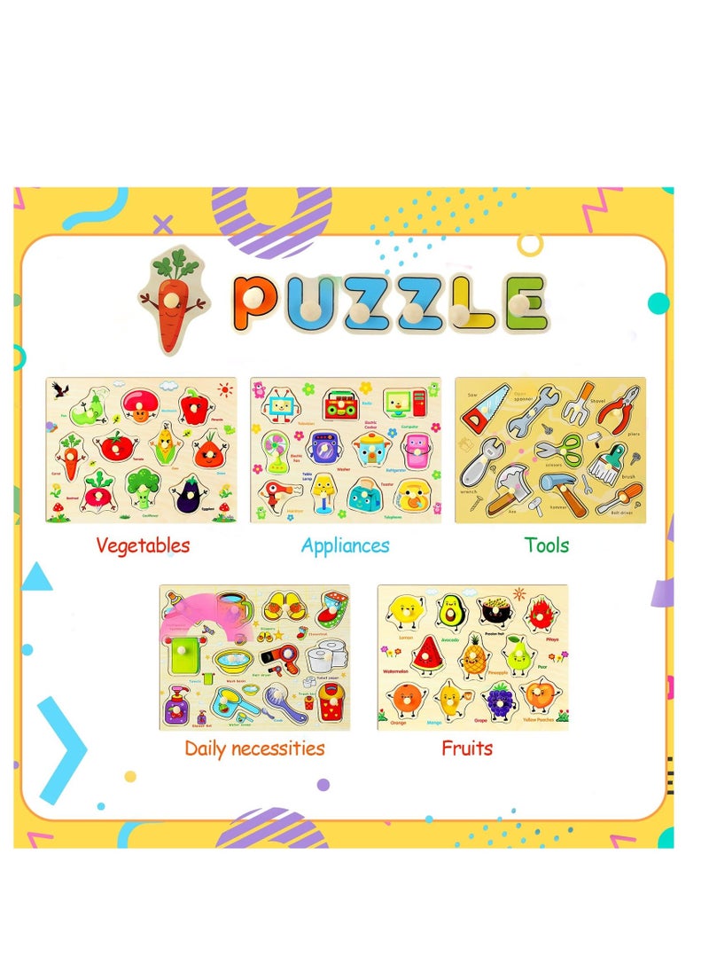 Toddler Puzzles Wooden Peg Puzzles for Toddlers Educational Learning Peg Puzzle Toy for Preschool Educational and Learning Kids Boy Girl Set of 5 - Image 5