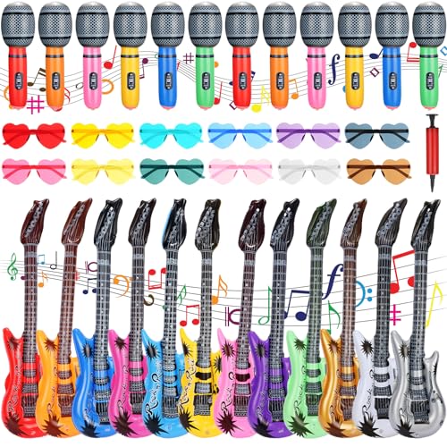 Chitidr 36 Pcs Inflatable Rock Star Toy Set Include 12 Inflatable Guitars 12 Microphones 12 Colorful Heart Shaped Sunglasses and 1 Inflator for Musical Concert Themed Party Decoration - Image 1