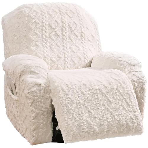 Master Pink 4 Pieces Large Recliner Chair Covers, Geometric Jacquard Plush Recliner Slipcovers, Couch Sofa Covers, Soft Fuzzy Fluffy Anti-Slip Furniture Protector for Cats Dogs Elastic Bottom (Cream,1 Seat) - Image 1