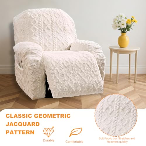 Master Pink 4 Pieces Large Recliner Chair Covers, Geometric Jacquard Plush Recliner Slipcovers, Couch Sofa Covers, Soft Fuzzy Fluffy Anti-Slip Furniture Protector for Cats Dogs Elastic Bottom (Cream,1 Seat) - Image 4
