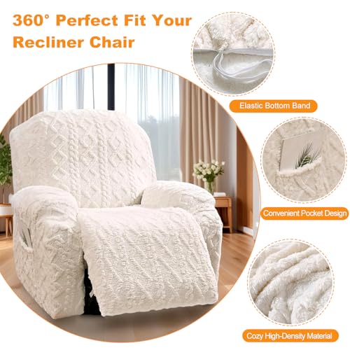 Master Pink 4 Pieces Large Recliner Chair Covers, Geometric Jacquard Plush Recliner Slipcovers, Couch Sofa Covers, Soft Fuzzy Fluffy Anti-Slip Furniture Protector for Cats Dogs Elastic Bottom (Cream,1 Seat) - Image 3