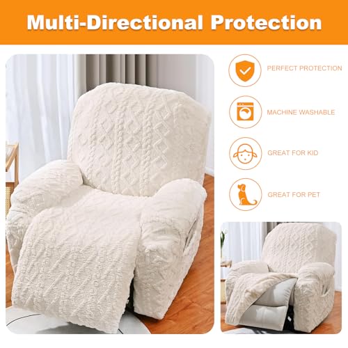 Master Pink 4 Pieces Large Recliner Chair Covers, Geometric Jacquard Plush Recliner Slipcovers, Couch Sofa Covers, Soft Fuzzy Fluffy Anti-Slip Furniture Protector for Cats Dogs Elastic Bottom (Cream,1 Seat) - Image 5
