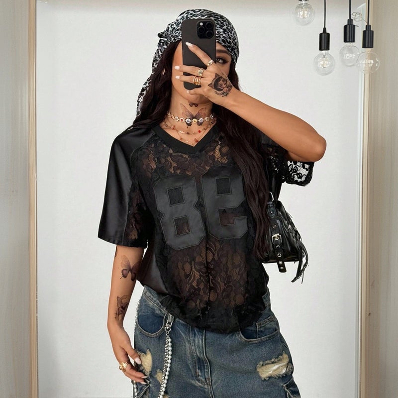 Fashion Lace Patchwork Short Sleeve T-Shirt Loose Fit Streetwear Top - Image 3
