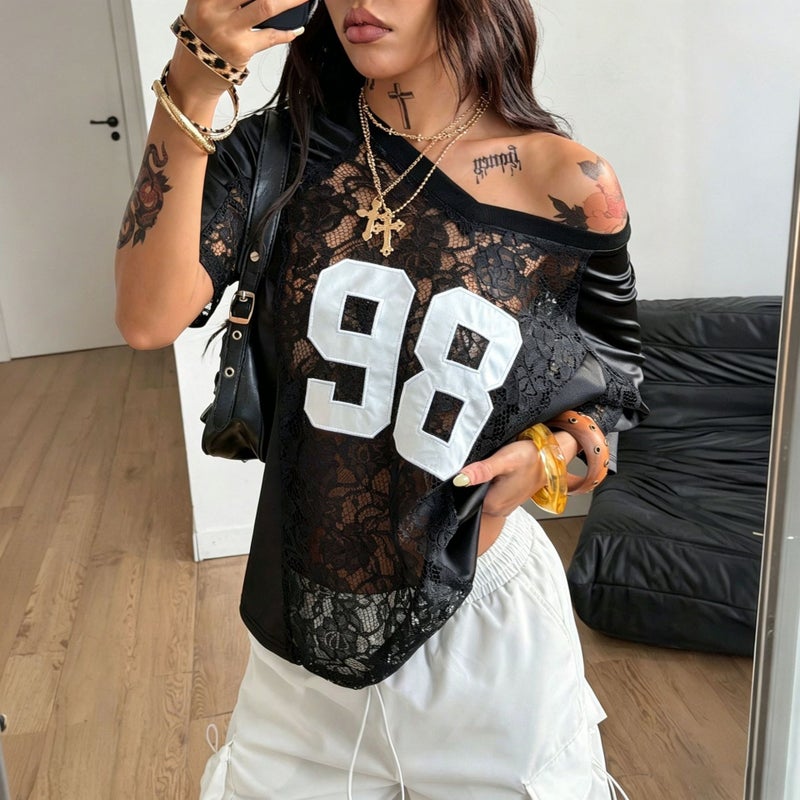 Fashion Lace Patchwork Short Sleeve T-Shirt Loose Fit Streetwear Top - Image 1