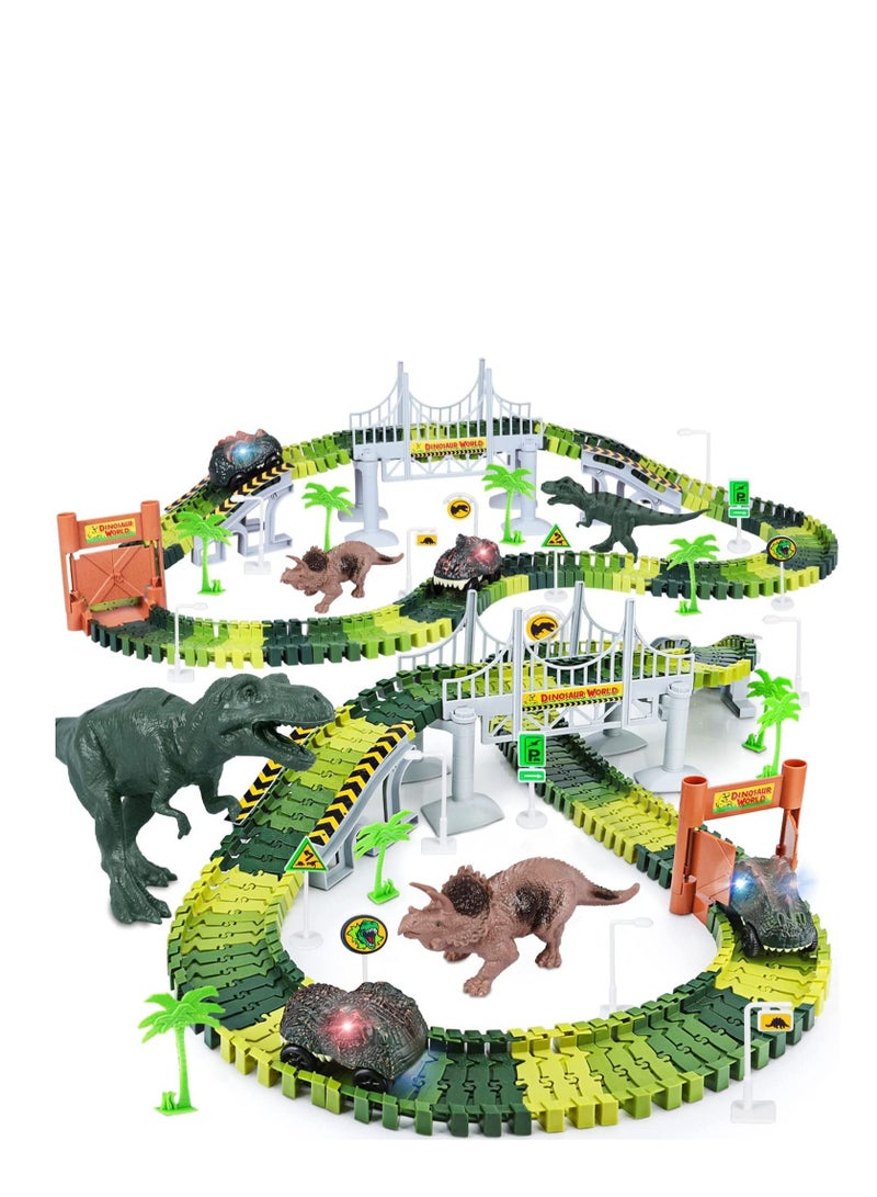 Arabest مجموعة ألعاب سباق الطرق المرنة من عالم الديناصورات، 185 قطعة، سيارتين ديناصورات رائعتين، قطعتين ديناصورات مناسبة للأولاد والبنات من سن 3 إلى 8 سنوات - Image 1