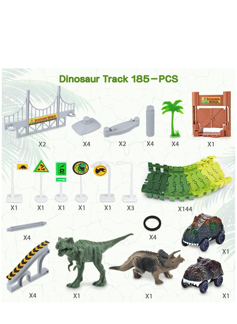 Arabest مجموعة ألعاب سباق الطرق المرنة من عالم الديناصورات، 185 قطعة، سيارتين ديناصورات رائعتين، قطعتين ديناصورات مناسبة للأولاد والبنات من سن 3 إلى 8 سنوات - Image 2