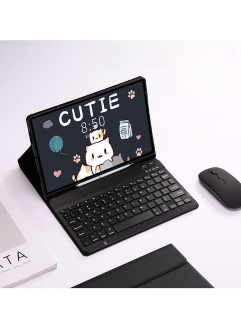 غطاء لجهاز Samsung Galaxy Tab S9 FE Plus بحجم 12.4 بوصة (2023)، مزود بلوحة مفاتيح لاسلكية بلوتوث قابلة للفصل وفأرة، ويشمل أيضًا حافظة لقلم الكتابة.