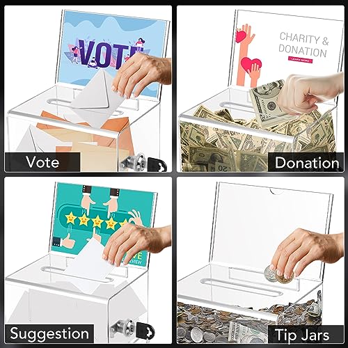 VOISEN Clear Donation Box with Lock,3 Pack Ballot Box with Sign Holder,Tip Jar for Fundraising, Voting Boxes with Slot for School,Conference 6.2x4.6x3.9 Inch - Image 5