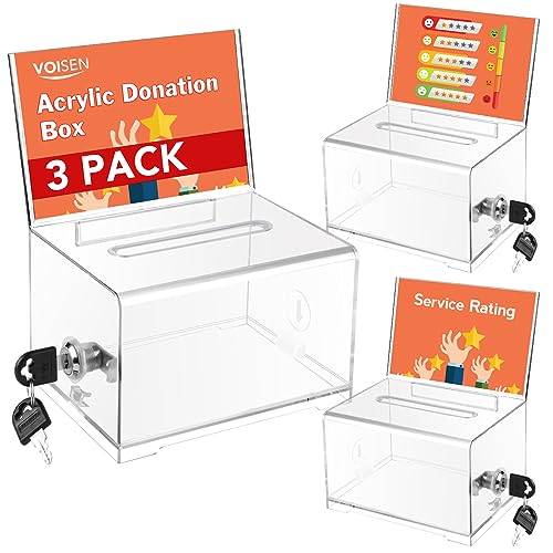 VOISEN Clear Donation Box with Lock,3 Pack Ballot Box with Sign Holder,Tip Jar for Fundraising, Voting Boxes with Slot for School,Conference 6.2x4.6x3.9 Inch - Image 1