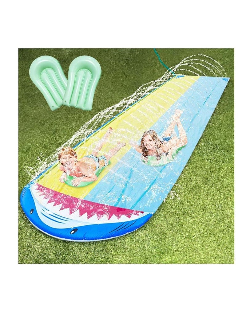 Double Lane Slip with 2 Bodyboards, Inflatable Lawn Water Slides Summer Toy Build-in Sprinkler for Kids Adults Garden Backyard and Outdoor Waterslide Play 15.7ft x 55in  - Image 1
