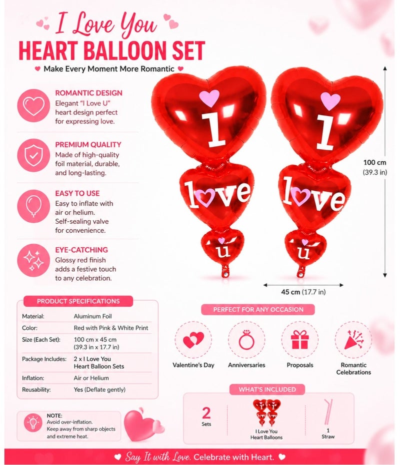 I Love U Balloons - Large, 36 Inch, Pack of 2 | Red Heart Shaped Balloons for Valentines Day Decorations and Gift Idea for Him/Her |Valentines Day Balloons for Anniversary, Proposal, Wedding - Image 3