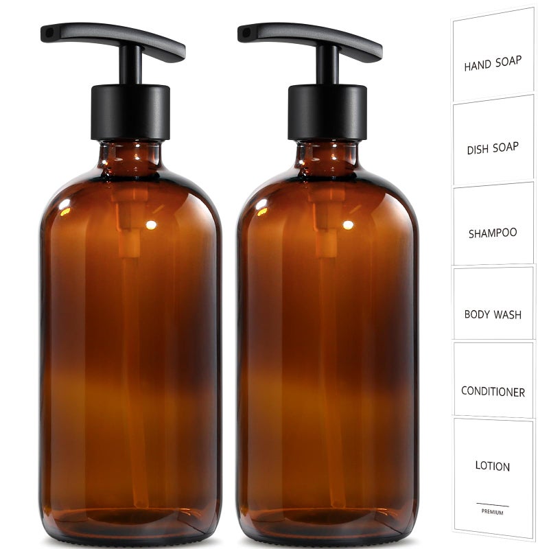 GMISUN Amber Glass Soap Dispenser, 2 Pack Bathroom Hand Soap Dispensers with Stainless Steel Pump, 17 Fl Oz Kitchen Hand and Dish Soap Dispenser Set, Modern Vintage Liquid Brown Soap Dispensers Bottle - Image 1