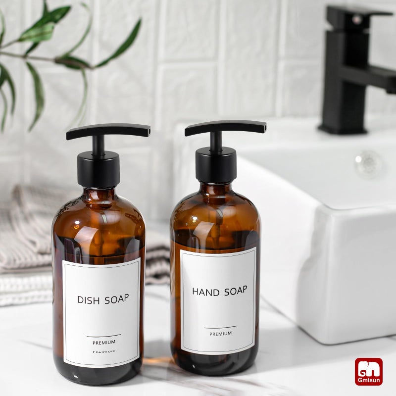 GMISUN Amber Glass Soap Dispenser, 2 Pack Bathroom Hand Soap Dispensers with Stainless Steel Pump, 17 Fl Oz Kitchen Hand and Dish Soap Dispenser Set, Modern Vintage Liquid Brown Soap Dispensers Bottle - Image 4