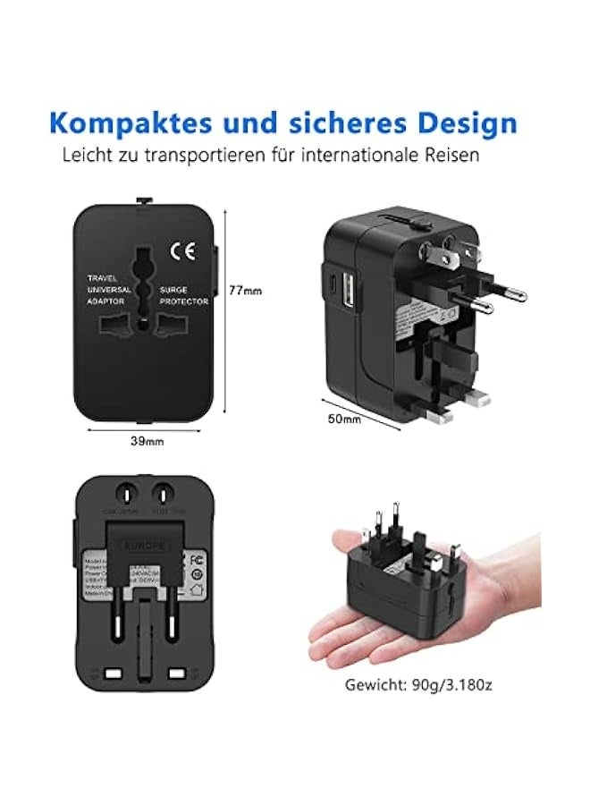PROMASS Universal NK 5166 All-in-One Travel Adapter with 2400mA USB and Type-C Ports - Black - Image 3