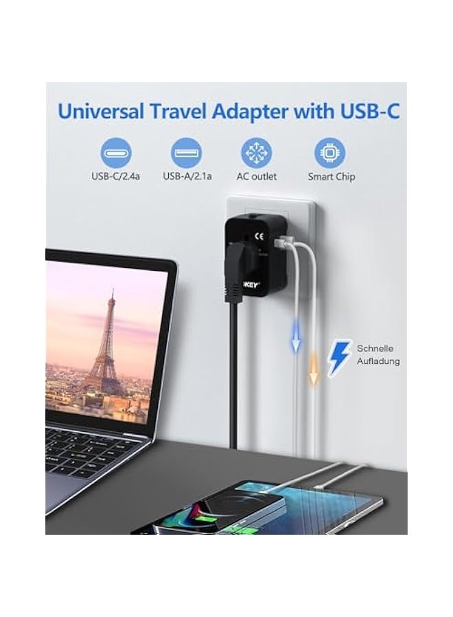 PROMASS Universal NK 5166 All-in-One Travel Adapter with 2400mA USB and Type-C Ports - Black - Image 2