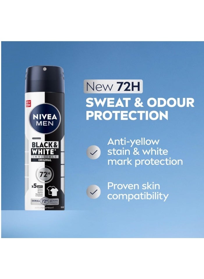 NIVEA MEN Black & White Invisible Antiperspirant Deodorant Spray, Original, 72H Active Protection, 5IN1, Anti-Odour, Sweat, Stains, Residues & Irritation, 2x150ml - Image 2