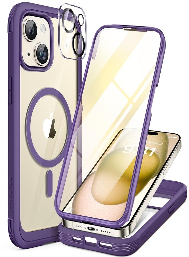 Miracase Glass Series for iPhone 15 Case [Compatible with MagSafe] Full-Body Magnetic Case with Built-in 9H Tempered Glass Anti-Fingerprint Screen Protector + Camera Lens Protector, Purple - Image 1