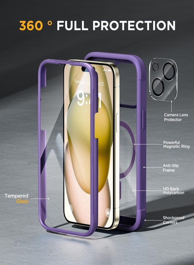 Miracase Glass Series for iPhone 15 Case [Compatible with MagSafe] Full-Body Magnetic Case with Built-in 9H Tempered Glass Anti-Fingerprint Screen Protector + Camera Lens Protector, Purple - Image 3