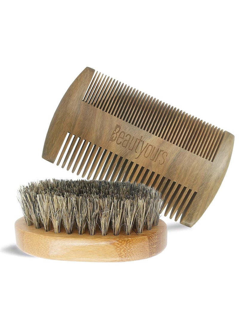 Beautyours Beard Brush Kit Boar Bristle Brush and Sandalwood Comb with Storage Bag for Men Fine  Coarse Teeth Dual Brush for Mustache AntiStatic 