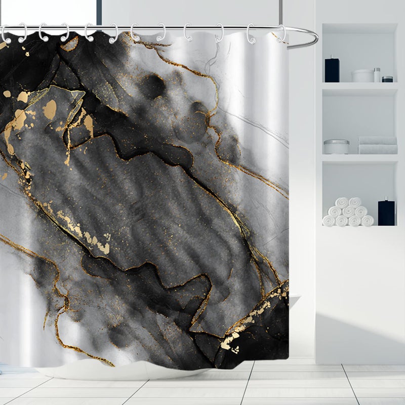AWERT Dreamy Ink Art Black Glod Marble Shower Curtain for Bathroom Modern High Definition Printing Waterproof Shower Curtain with Hooks Bathroom Decor 72x72inch - Image 1