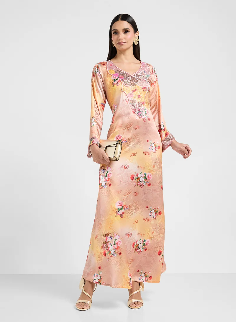ARABIAN CLOSET Embellished Belted Jalabiya