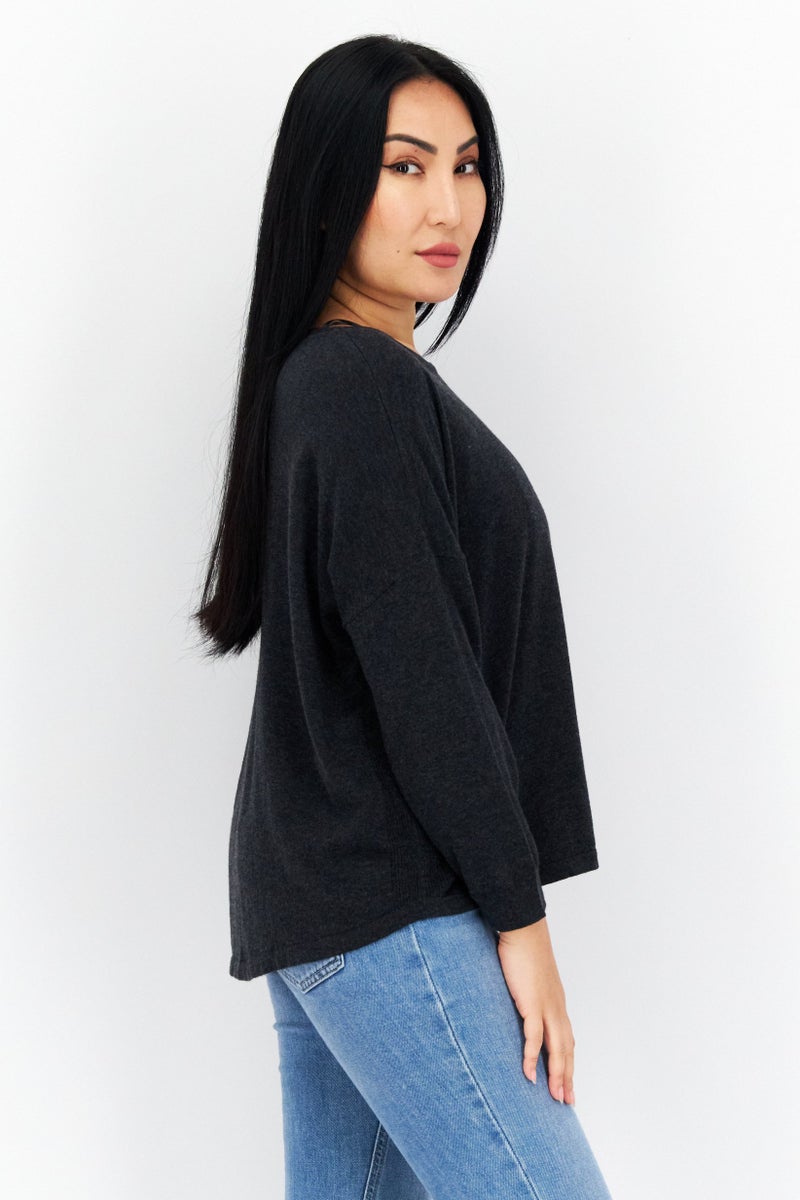 COMMA Women Bateau Neck Long Sleeves Plain Sweatshirt, Charcoal - Image 3