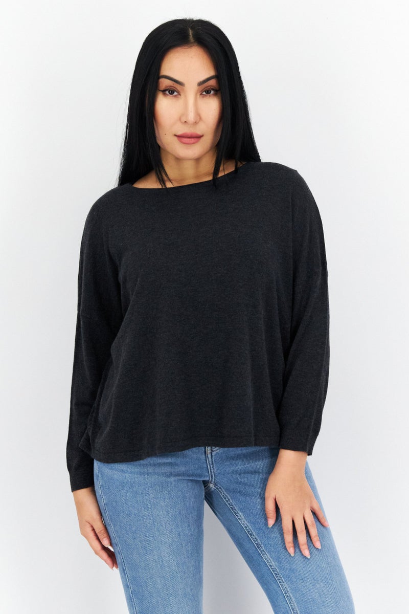 COMMA Women Bateau Neck Long Sleeves Plain Sweatshirt, Charcoal - Image 1
