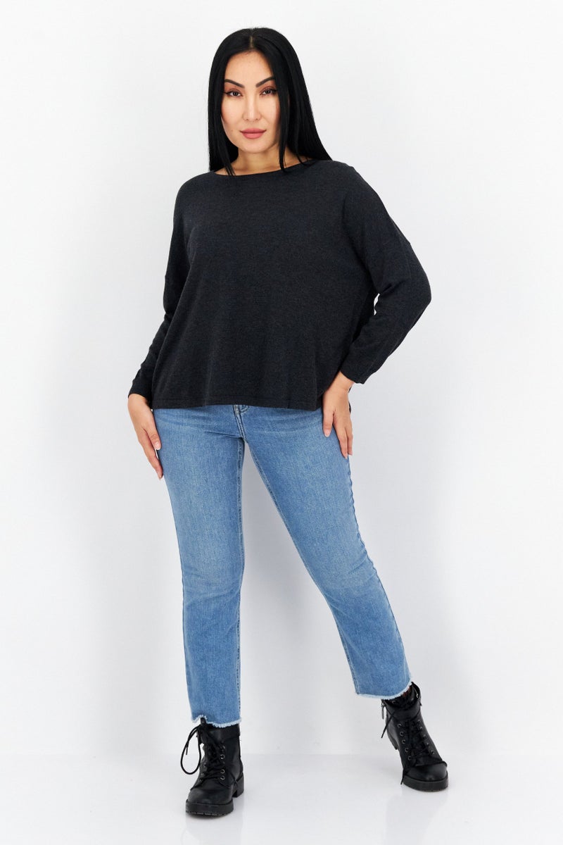 COMMA Women Bateau Neck Long Sleeves Plain Sweatshirt, Charcoal - Image 2