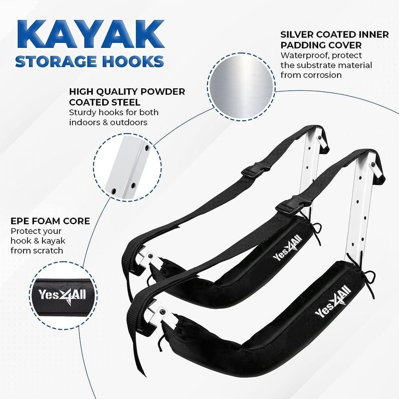 Yes4All Kayak Storage Hooks, Heavy-Duty Premium Foam Padded Surfboard Wallmount Rack, Set of 2 SUP Paddle Board Rack Hold up to 125 Lbs/Canoe, Bike, Kayak Storage Hook Indoor & Outdoor Hangers,Black - Image 2