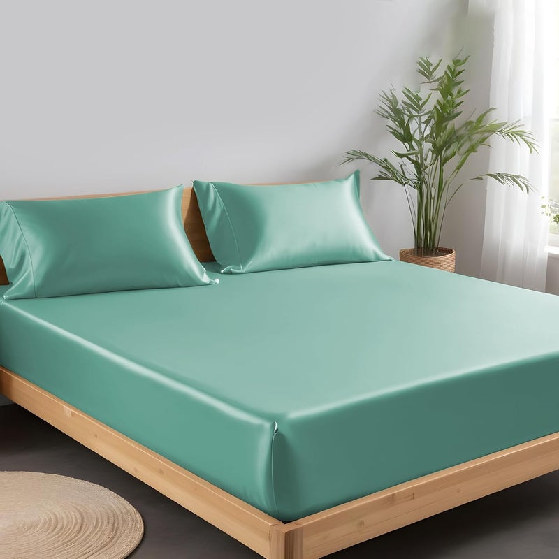 LINENWALAS King Fitted Sheet 150x200 cm, 100% Organic Bamboo Silk Bed Sheet for King Size Bed, Up to 40 cm Deep Pocket Bottom Sheet, Soft, Cooling Hypoallergenic Bedding (Aqua) - Image 2