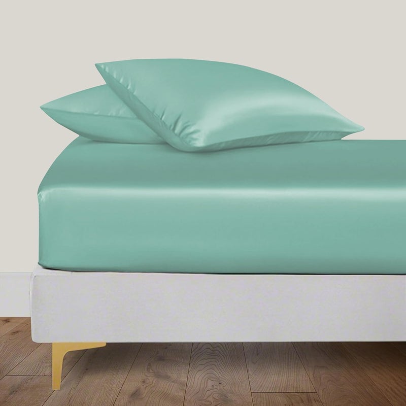 LINENWALAS King Fitted Sheet 150x200 cm, 100% Organic Bamboo Silk Bed Sheet for King Size Bed, Up to 40 cm Deep Pocket Bottom Sheet, Soft, Cooling Hypoallergenic Bedding (Aqua) - Image 1