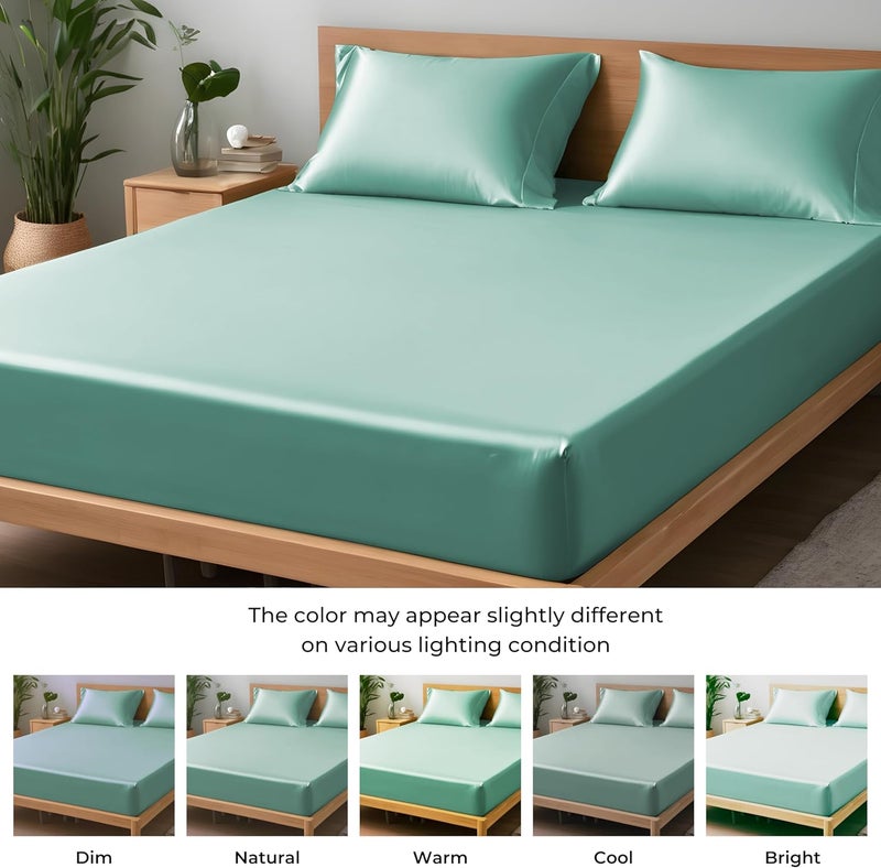 LINENWALAS King Fitted Sheet 150x200 cm, 100% Organic Bamboo Silk Bed Sheet for King Size Bed, Up to 40 cm Deep Pocket Bottom Sheet, Soft, Cooling Hypoallergenic Bedding (Aqua) - Image 4
