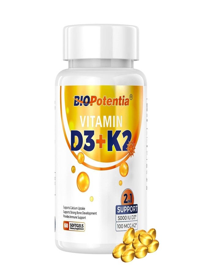 BIO POTENTIA مكمل غذائي من بيو بوتنشيا، يحتوي على فيتامين د3 وفيتامين ك2 مع زيت MCT، بتركيز 5000 وحدة دولية من فيتامين د3 و100 ميكروغرام من فيتامين ك2 (MK7)، يدعم صحة العظام والأسنان والمناعة - خالٍ من الغلوتين وغير معدل وراثيًا - 60 كبسولة هلامية - Image 1