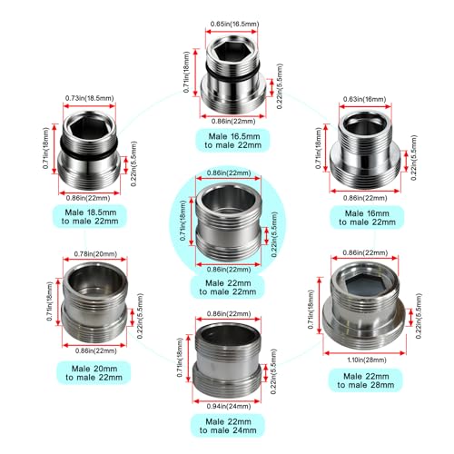 XNTONG 7 Pieces Faucet Adapter Kit Sink Adapter for Faucet Male Thread M16 M165 M185 M20 M22 M24 M28 to M22 Male Faucet Connector with Washer and PTFE TapeCheck size chart before purchase - Image 3