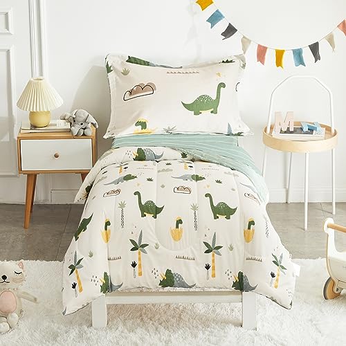 Joyreap 4 Piece Dinosaur Toddler Bedding Set Cotton Toddler Comforter Sheet Set Green Dinosaurs Print on White Design for Kids Boys n Girls - Image 1