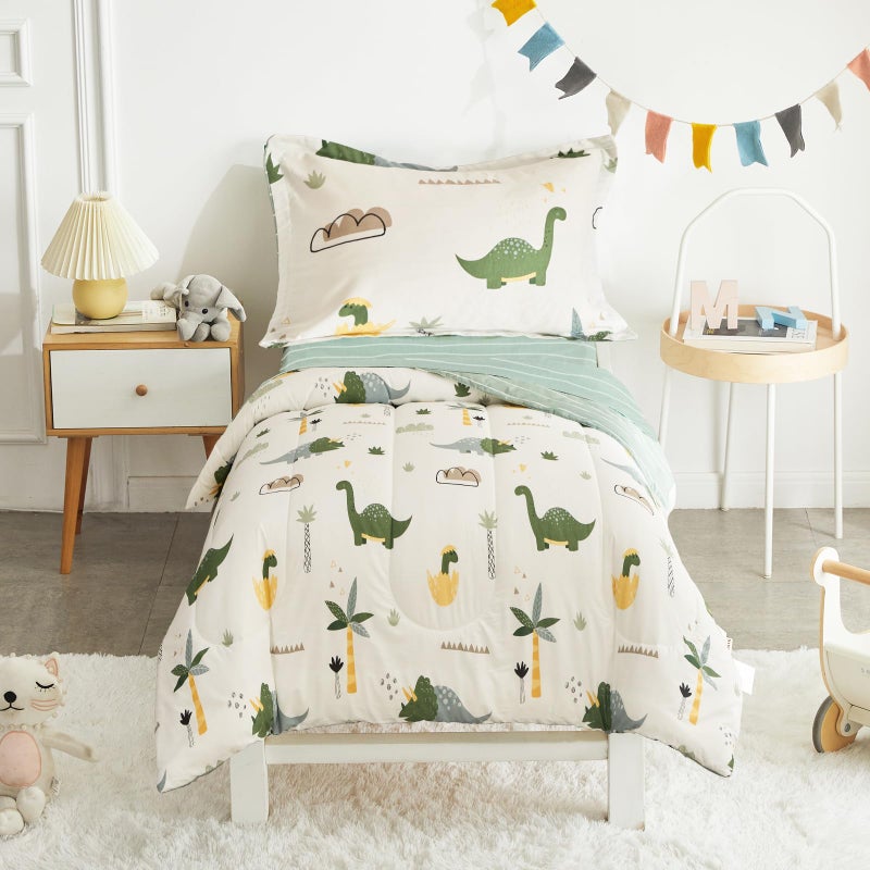 Joyreap 4 Piece Dinosaur Toddler Bedding Set Cotton Toddler Comforter Sheet Set Green Dinosaurs Print on White Design for Kids Boys n Girls - Image 2