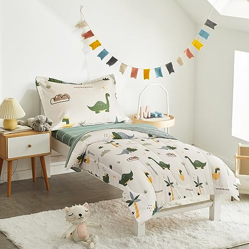 Joyreap 4 Piece Dinosaur Toddler Bedding Set Cotton Toddler Comforter Sheet Set Green Dinosaurs Print on White Design for Kids Boys n Girls - Image 3