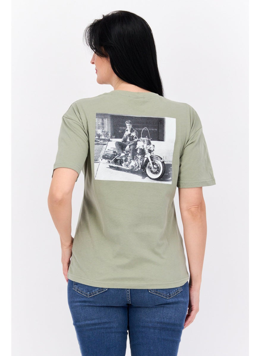 ELVIS Women Crew Neck Short Sleeves Graphic Printed T-Shirt, Olive  - Image 3
