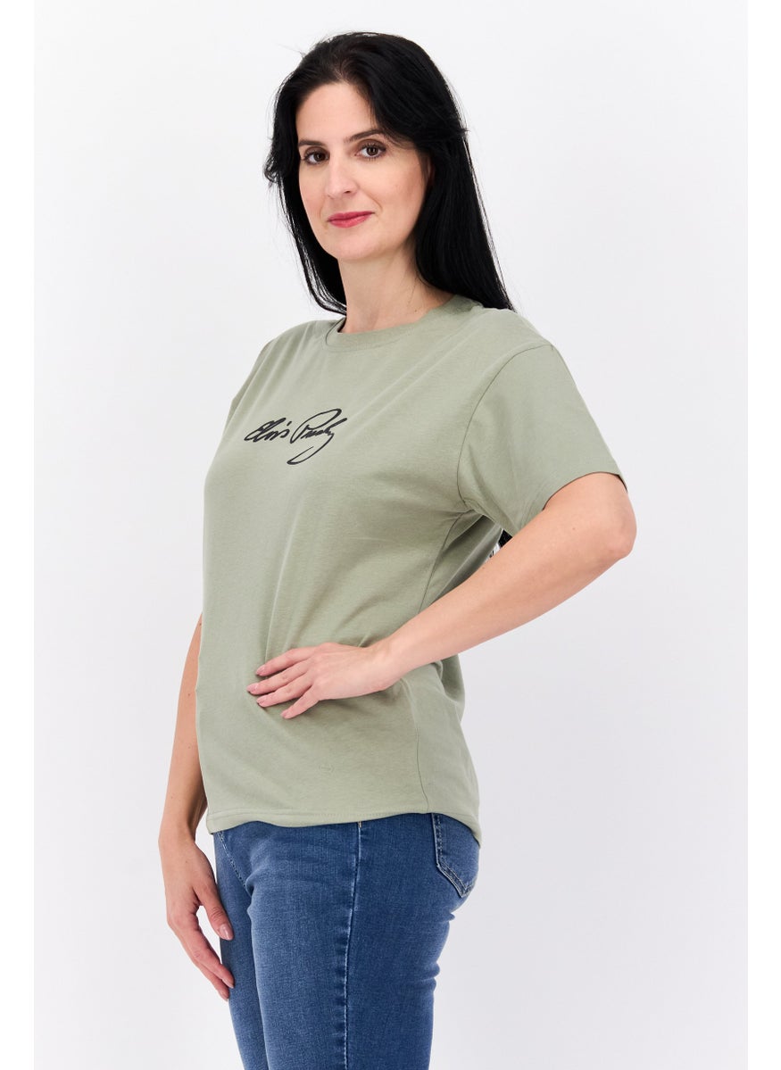 ELVIS Women Crew Neck Short Sleeves Graphic Printed T-Shirt, Olive  - Image 2