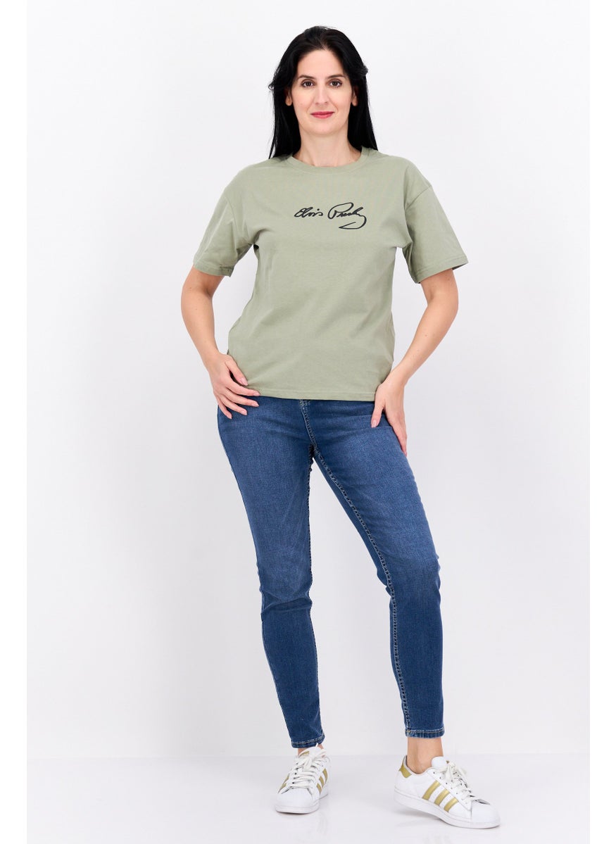 ELVIS Women Crew Neck Short Sleeves Graphic Printed T-Shirt, Olive  - Image 4