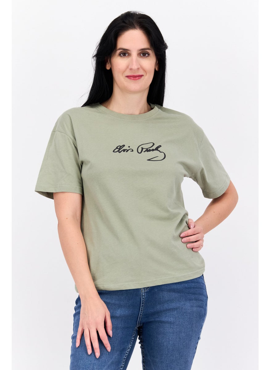 ELVIS Women Crew Neck Short Sleeves Graphic Printed T-Shirt, Olive  - Image 1