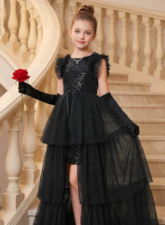GRACE KARIN Girls Sequin Dress Formal Pageant Sparkle Party Ruffle Prom Maxi Dress Size 5-14Y, Black, 8-10 Years - Image 3