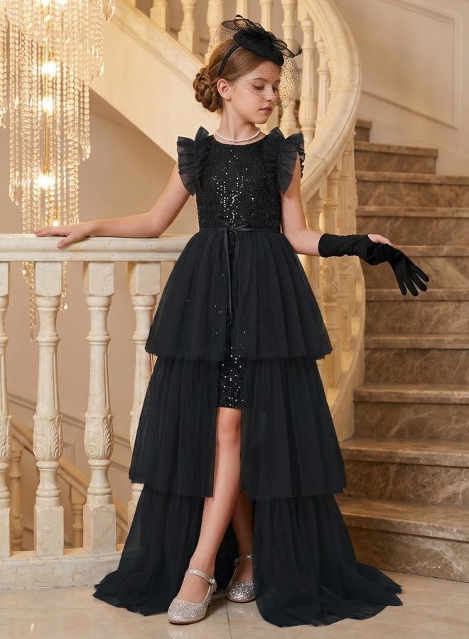 GRACE KARIN Girls Sequin Dress Formal Pageant Sparkle Party Ruffle Prom Maxi Dress Size 5-14Y, Black, 8-10 Years - Image 2