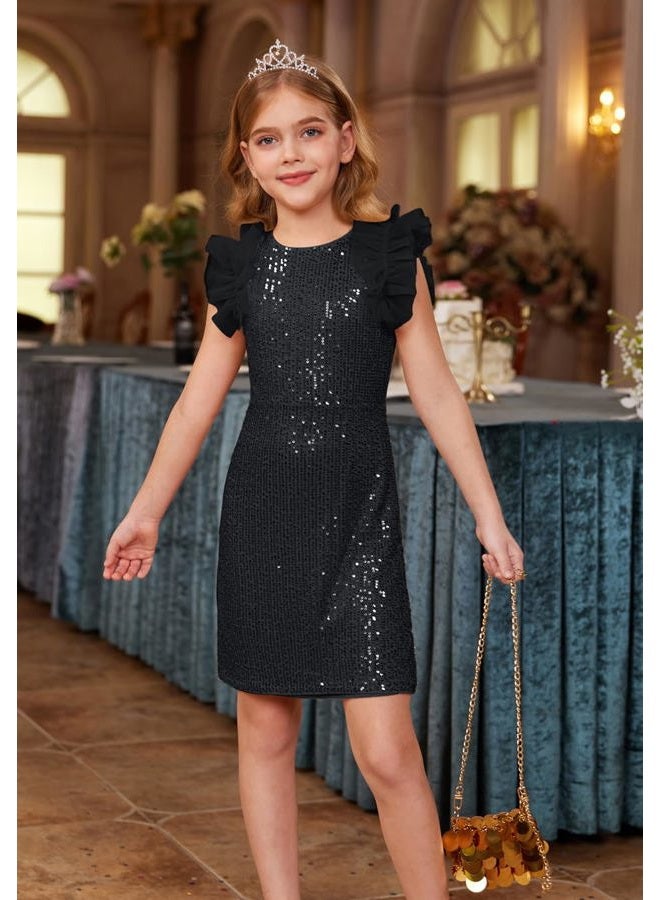GRACE KARIN Girls Sequin Dress Formal Pageant Sparkle Party Ruffle Prom Maxi Dress Size 5-14Y, Black, 8-10 Years - Image 4
