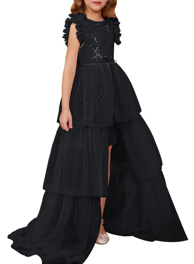 GRACE KARIN Girls Sequin Dress Formal Pageant Sparkle Party Ruffle Prom Maxi Dress Size 5-14Y, Black, 8-10 Years - Image 1