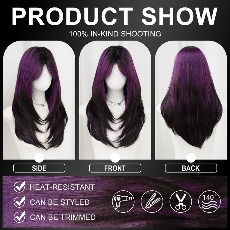 7JHH WIGS 7JHH باروكة طويلة بنفسجي غامق أومبري مع غرة للنساء ألياف مقاومة للحرارة بطول 25 بوصة باروكات شعر صناعي بطبقات مع جذور داكنة للاستخدام اليومي - Image 4