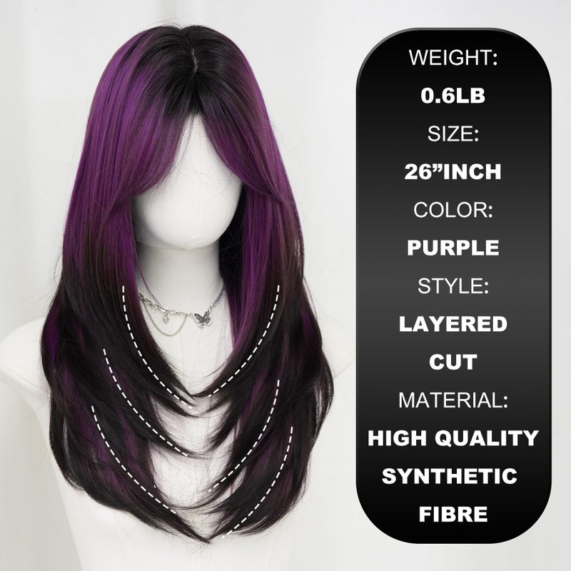 7JHH WIGS 7JHH باروكة طويلة بنفسجي غامق أومبري مع غرة للنساء ألياف مقاومة للحرارة بطول 25 بوصة باروكات شعر صناعي بطبقات مع جذور داكنة للاستخدام اليومي - Image 2