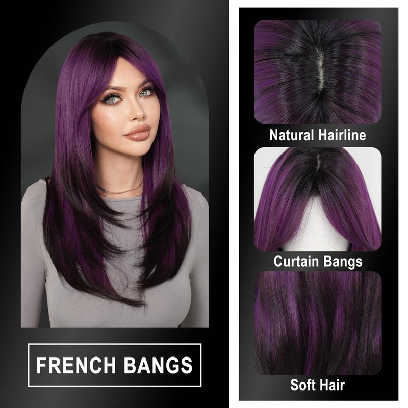 7JHH WIGS 7JHH باروكة طويلة بنفسجي غامق أومبري مع غرة للنساء ألياف مقاومة للحرارة بطول 25 بوصة باروكات شعر صناعي بطبقات مع جذور داكنة للاستخدام اليومي - Image 3